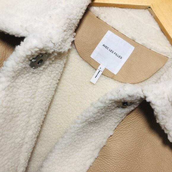 AVEC LES FILLES Colorblock Faux Shearling Snap Button Jacket Coat Tan Size Large - Picture 7 of 16